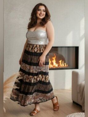Life Style Size 1X Mixed Media Pull On Hippie Boho Full Maxi Prairie Skirt